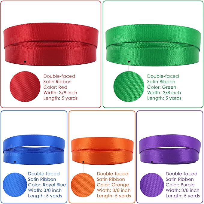 MEEDEE Rainbow Ribbon Solid Color Assortment 10 Colors Double Face Satin Ribbon for Gift Wrapping Happy Birthday Party Decorations, 3/8" X 5 Yard Each Total 50 Yds Per Package