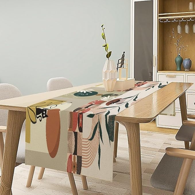 Mid Century Table Runner,Abstract Boho Plant Leaf Botanical Cat Modern Geometric Pattern Print Burlap for Hotel Indoors Outdoor Dining Room Kitchen Home Decor, 13x80in