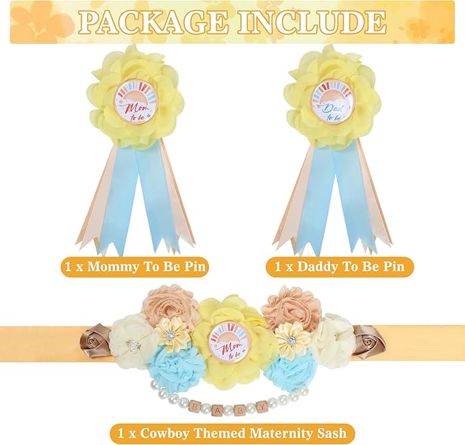 INSYOHO Here Comes the Son Baby Shower Decorations - Adjustable Cartoon Bear Theme Maternity Belt with White Flowers Baby Shower Decorations, Gender Reveal Party Supplies for Mom to Be
