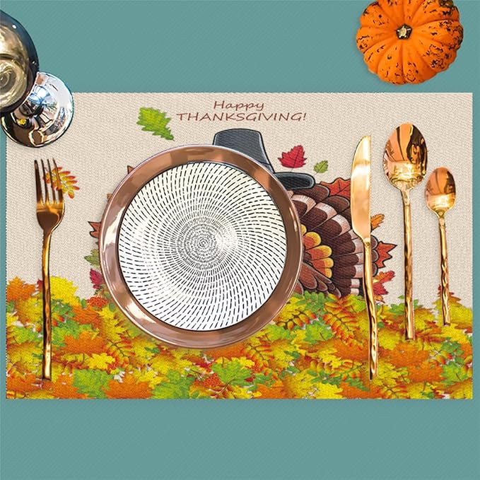 Thanksgiving Leaf Turkey Placemats Set of 6 PVC Vinyl Non Slip Table Mats Heat Resistant Place Mats Washable Wipeable Dining Table Mat for Kitchen Decor Party Indoor Outdoor Decorative Gift