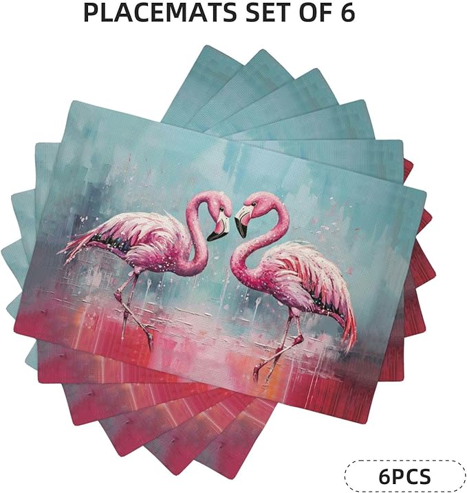 Pink Flamingo Placemats Set of 6 Washable Table Mats Modern Tropical Heat-Resistant Cotton Linen Place Mats for Dining Table Kitchen Indoor Outdoor Party Holiday Decor