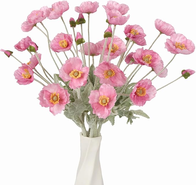 Poppy Flowers Artificial,8PCS Pink Silk Poppies Flowers 22.8" Faux Poppies with Stems for Wedding Party Table Centerpiece Home Decor(Pink)