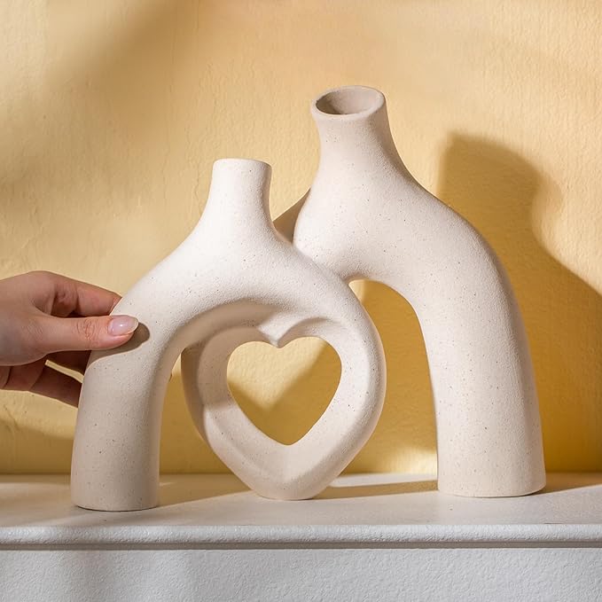 Snuggle Hollow Hug Donut Ceramic Vase, 8.3 Inch Modern Nordic Boho Style Aesthetic Decorative Flower Vases for Home Decor Pottery Barn Dining Living Room Table Shelf (Milky White)