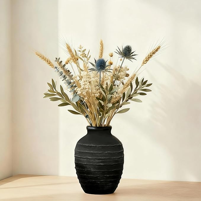 Ceramic Vase, 6.7 inch Ribbed Textured Minimalist Rustic Farmhouse Terracotta Vase for Home Decor, Table, Living Room, Entryway, Shelf, Mantel Decoration (Black)