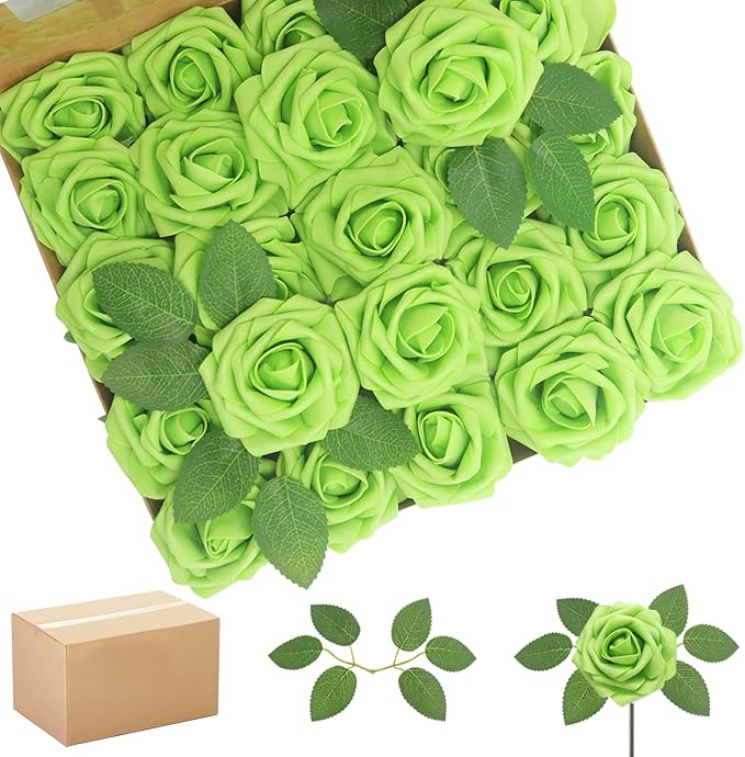Artificial Flowers Roses Real Looking Foam Fake Roses with Leaves and for DIY Wedding Bouquets Bridal Shower Centerpieces Party Decorations (Green, 200)