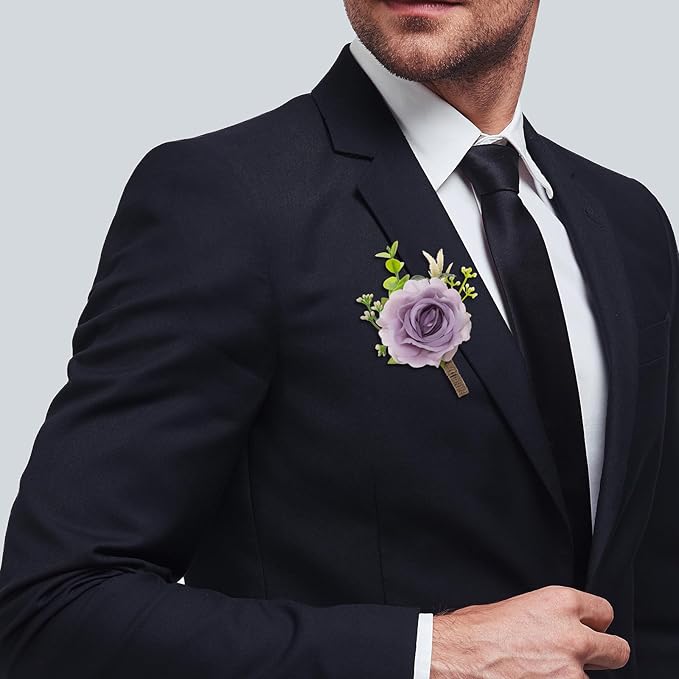 Ivory Rose Boutonniere for Men Wedding Set of 6 Groom Groomsmen Best Man Artificial Flowers Boutonniere for Wedding Ceremony Anniversary Prom Flowers Formal Dinner Party (6, Purple, Middle)