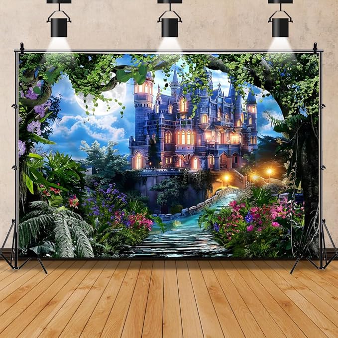 6x4ft Spring Fantasy Castle Palace Backdrop Vinyl Fairy Tale Prince Princess Flower Forest Wonderland Castle Photography Background Girl Home Decor Birthday Party Portrait Photo Props