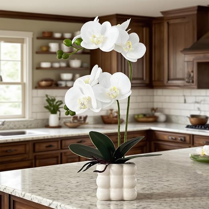 Artificial White Orchid Flower Plant, 14 inches Tall, Home Decor Orchid Artificial Flowers (White-1)