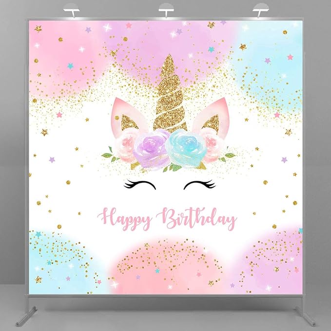 Mocsicka Unicorn Birthday Decorations Unicorn Backdrop for Girls Birthday Party 8x8ft Pastel Rainbow Unicorn Glitter Stars Dots Happy Birthday Banner Photo Booth Props