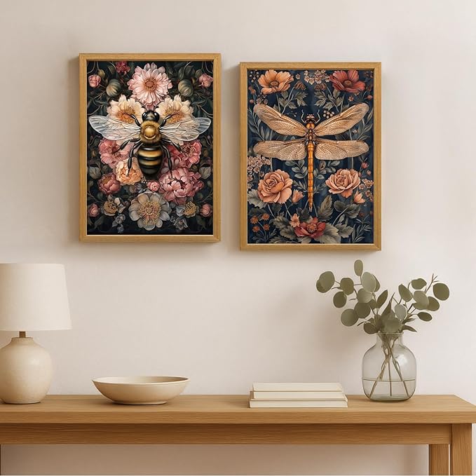 LLEEMPI William Morris Wall Art, Vintage Dragonfly Floral Wall Decor, Abstract Insect Flower Canvas Painting, Nature Botanical Poster Print for Living Room Bedroom Bathroom Office Wood Framed 8x10 inch