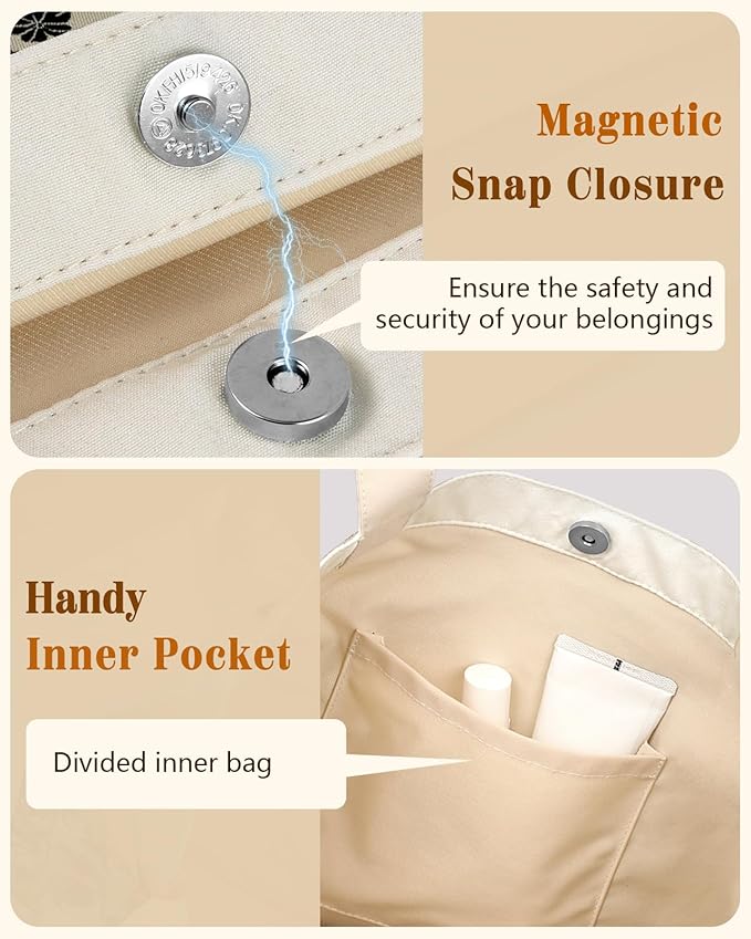 Aesthetic Cotton Tote Bag for Women - Reusable Shoulder Bag with Buckle Fabric Bag for Gym, Travel, Work