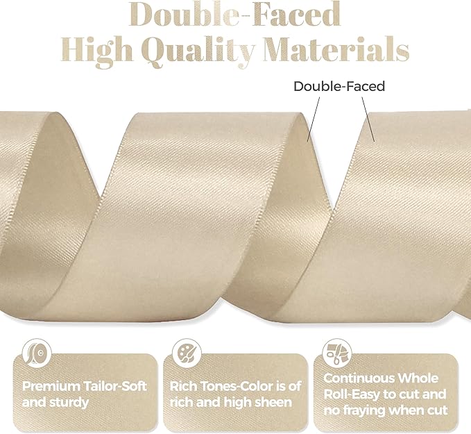 Beige Satin Ribbon, Double Faced 2 Inch X 50 Yards Beige Ribbon, Premium Satin Ribbon for Gift Wrapping, Crafts, Hair Bow Making, Sewing, Flower Bouquet, Wedding Party Decor
