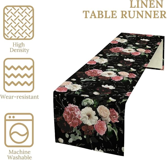 Floral Table Runner,Vintage Gothic Flowers Plant Prints Table Runner for Home Kitchen Table Decor Dining Coffee Room Party Decor 13x70 Inch