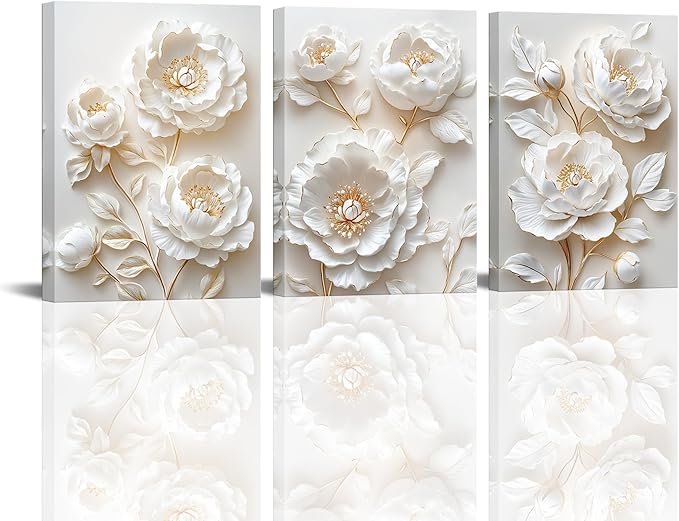Sepwrol White Flower Canvas Wall Art Modern Abstract Rose Blooming Floral Textured Printing Artwork for Home Bedroom Living Room Wall Decor, 12"x16" 3 Panel (White-3)