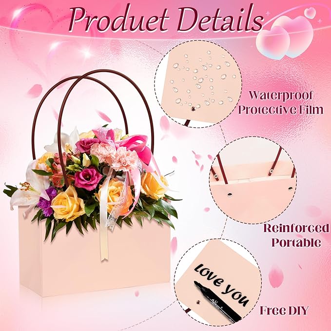 ZSDRTYU Kraft Paper Flower Gift Bags, 12 Pack Floral Gift Bags Wedding Floral Paper Flower Packing bag, Bouquet Bag Box With Handle Waterproof Flower Boxes For Wedding Birthday, Black, Pink