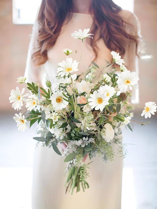 White Artificial Daisy Flowers 6Pcs 29.52” Long Stem Faux Daisies 36 Heads Fake Wild Flowers for Tall Vase Living Room Bedroom Bridal Bouquets Table Centerpieces(White)