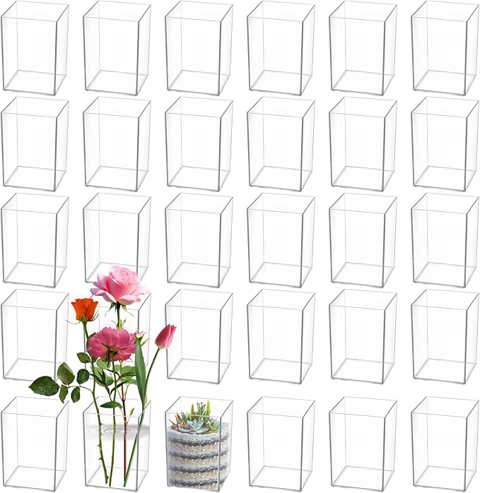 30 PCS Clear Square Vase 2.7'' x 2.7'' Plastic Flower Vases Centerpieces Cube Plastic Container Bulk Small Clear Flower Container for Home Office Wedding Party Decorations