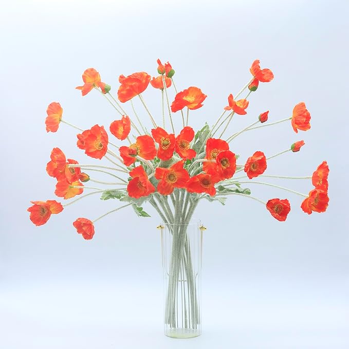 2 Pcs Artificial Fake Flowers Plants Poppies Silk Flower Arrangements Wedding Bouquets Decorations Plastic Floral Table Centerpieces for Home Kitchen Garden Party Decor Approx 23.6" High - Dark Orange