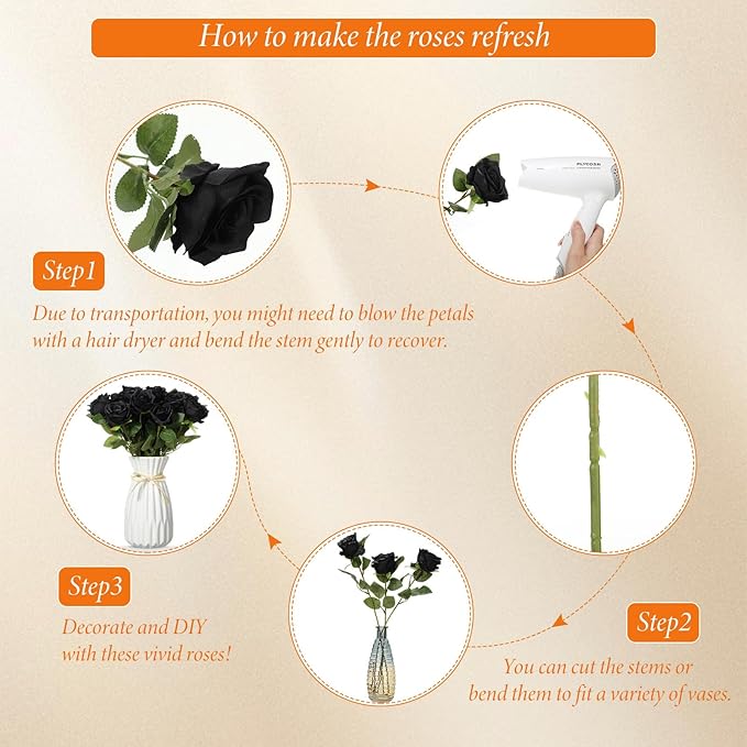 Hotop 20 Pcs Artificial Rose Flowers with Long Stem,Real Touch Silk Realistic Plastic Bouquet Roses Bulk for Home Decor Bridal Wedding Party Table Centerpieces Decorations(Black)