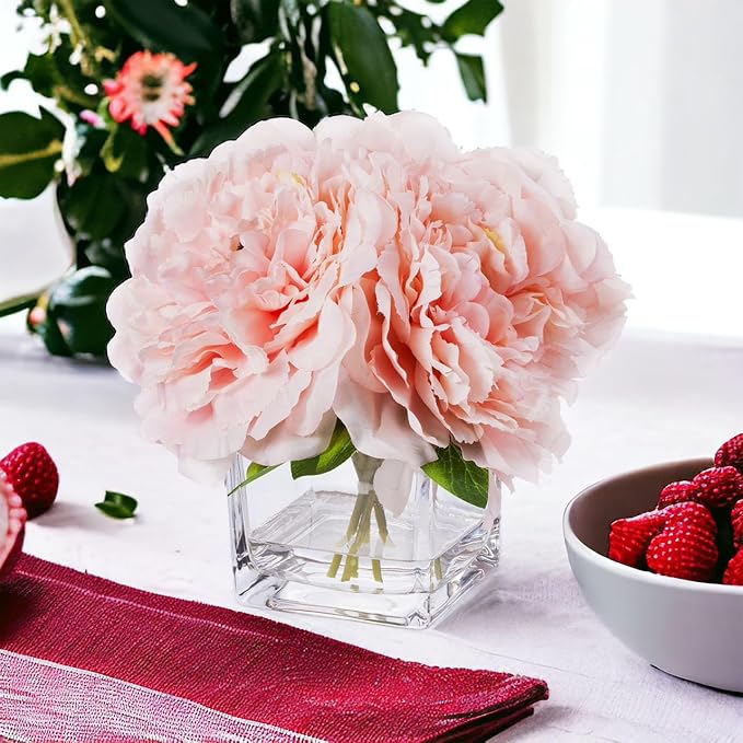 Enova Home Artificial Peony Flowers Arrangements in Cube Glass Vase with Faux Water for Home Table Wedding Centerpiece Decor (Pink)