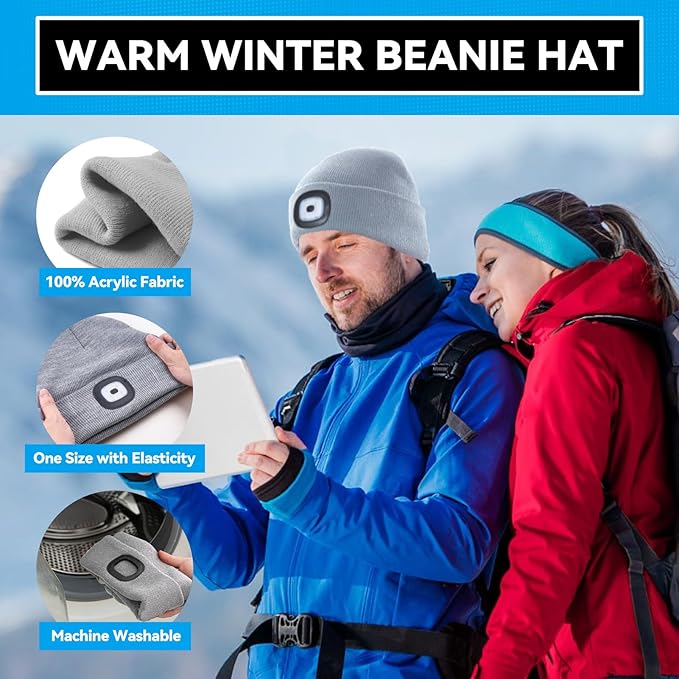 Christmas Stocking Stuffers for Men Adults, Beanie Hats with Light, USB Rechargeable LED Hand Free Headlamp, Birthday Gifts for Men, Women, and Teens, Ideal for Camping, Hiking, 2 Pack, Grey