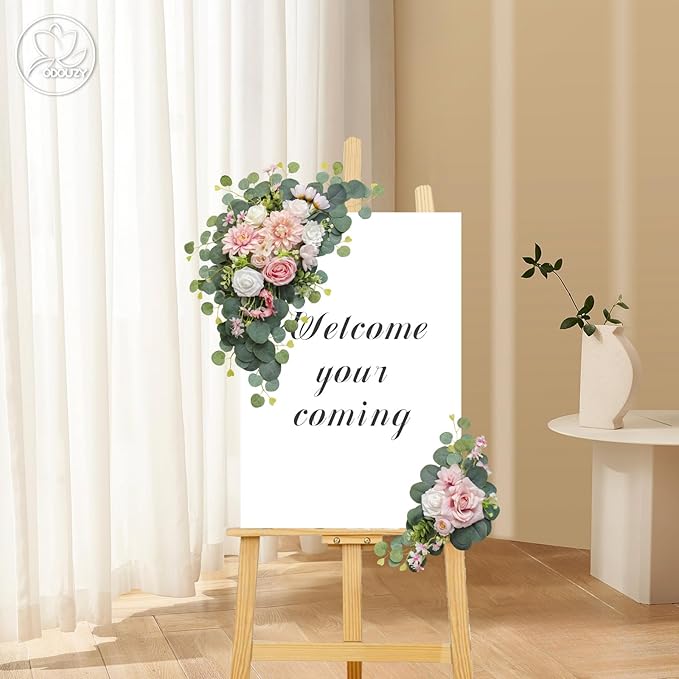 Artificial Wedding Arch Flowers for Wedding Sign,Set of 2 for Welcome Ceremony Sign,Faux Floral Swags, Banquet and Reception Backdrop Floral Decoration (Pink)