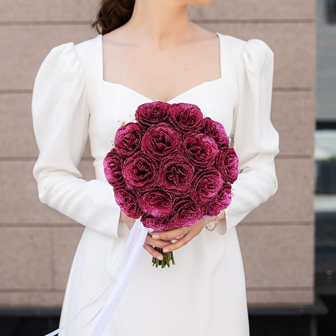 Glitter Flowers,30PCS Artificial Roses with Stems Silk Roses Artificial Flowers for Crafts Wedding Bouquet Home Decoration(Rose Red)
