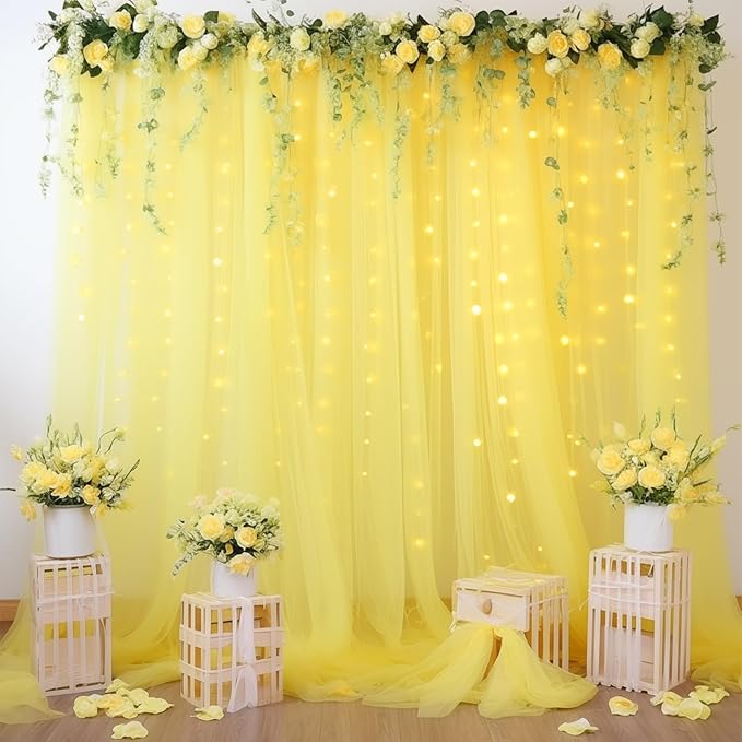 30ft x 10ft Yellow Backdrop Curtain with Lights String for Parties, Sheer Tulle Wedding Photo Backdrops Drapes for Baby Shower Birthday Party Decorations Background for Photography