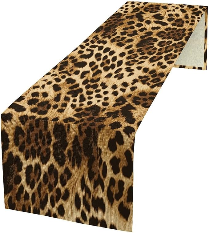 Leopard Skin Print Table Runner, Vintage Cottage Country Farmhouse Wildlife Safari Animal Skin Dinner Runner for Home Kitchen Dining Table Party Holiday Decor 13x90in