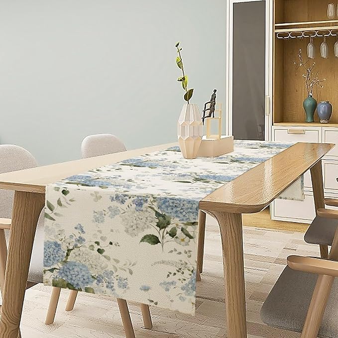 Blue Floral Table Runner, Spring Summer Watercolor Hydrangea Flower Butterfly Country Farmhouse Coffee Table Center Decor for Home Kitchen Dining Patio Holiday Party Table Decorations 13x36 inches