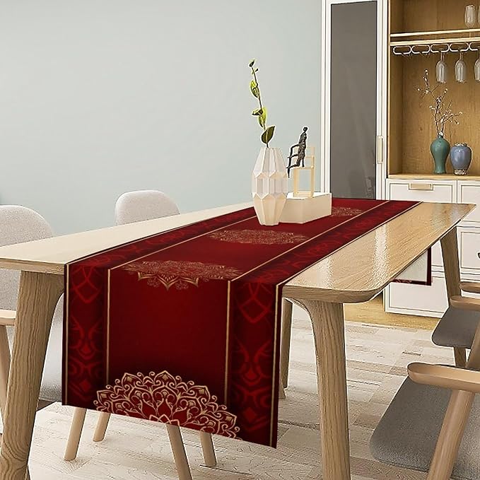 Luxurious Bohemian Table Runner, Red Gold Mandala Floral Boho Decor Table Runner for Kitchen Dining Festive Holiday Party Wedding Gathering, 13x120 Inch