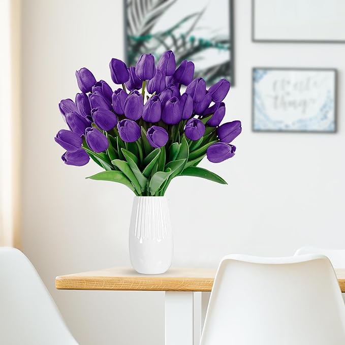 Sggvecsy 30 Pcs Fake Tulips Artificial Flowers Real Touch PU Faux Flowers Tulip Stems for Wedding Spring Bouquet Floral Arrangement Home Party Office Decorations for Mother's Day (Purple)