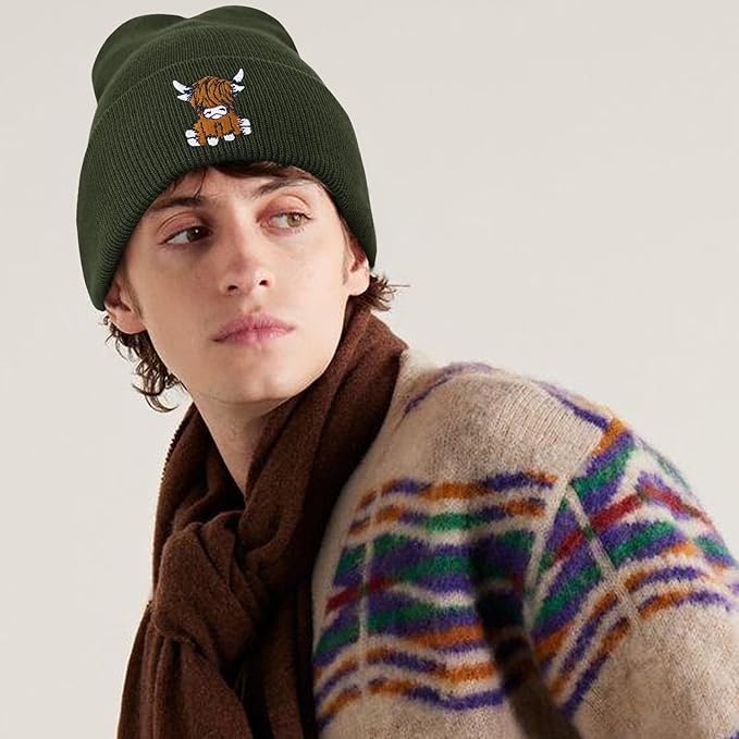 Scottish Highland Cow Beanie Hat, Cute Funny Cow Embroidery Winter Knit Skull Cap for Adult Men Women