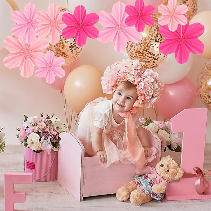 9 Pcs Pink Paper Flower Party Decorations, Hot Pink Paper Fans Hanging Ornaments Pink Birthday Decorations for Classroom Floral Backdrop Wedding Baby Showers Wall Decor