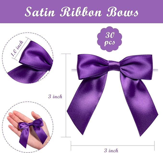 WRAPAHOLIC 30 Pcs 3" Purple Satin Ribbon Bows with Twist Tie - Pretied Premade Craft Bows for Christmas Party Crafts Treat Bags Gift Wrapping Wedding Birthday Baby Shower