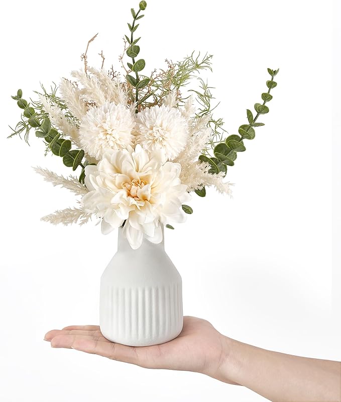 Mkono Small Artificial Flowers in Ceramic Vase 13.5" Centerpieces Coffee Table Decor, Silk Flower Arrangements for Home Decor Indoor Fake Flower Bouquet for Dining Room Kitchen Wedding, White