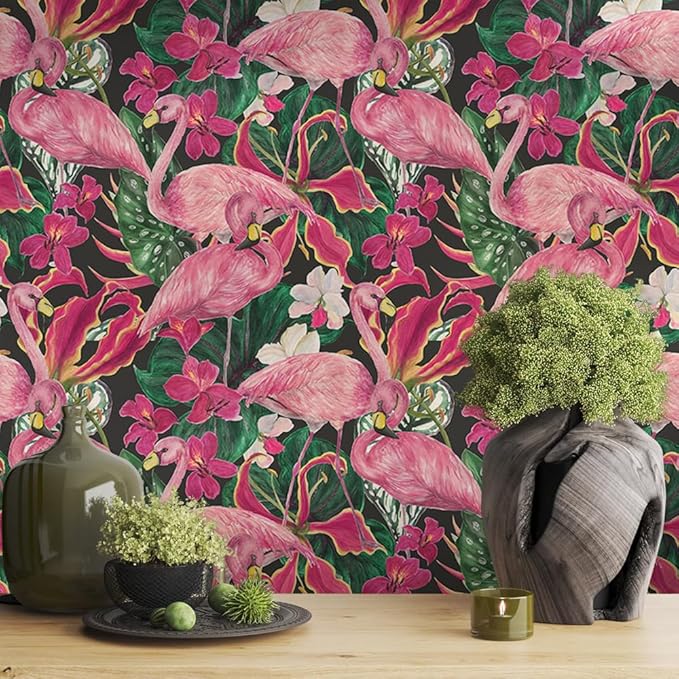 Modern Abstract Tropical Flamingo Birds Peel and Stick Wallpaper Easy Peel Off Contact Paper Stick on Adhesive Wall Paper for Bathroom Waterproof Renter Friendly