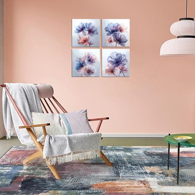 Pankila Canvas Flowers Wall Art Blooming Flowers Pictures Prints Blue Pink Flower Wall Decor for Living Room Bedroom Bathroom Home Decorations Painting Framed Artwork (20''W x 20''H x 4)