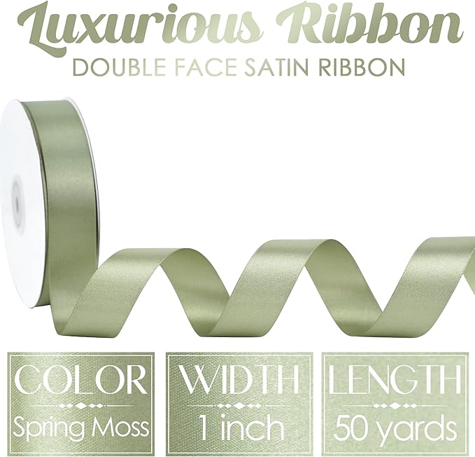 MEEDEE Olive Green Ribbon 1 Inch Olive Green Satin Ribbon Lux Double Faced Satin Ribbons by 50 Yards Polyester Green Wrapping Ribbons for Crafts, Weddings, Flower Bouquet, Holiday Decorating