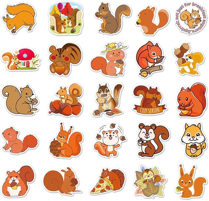 Squirrel Vinyl Stickers for Teens Boy Girls Kids|50 Pcs|Cute Cartoon Waterproof Stickers for Laptop Phone Tablet Luggage Flasks Water Bottle Notebook Bike Car,Lovely Animals Decals Pack(Squirrel)