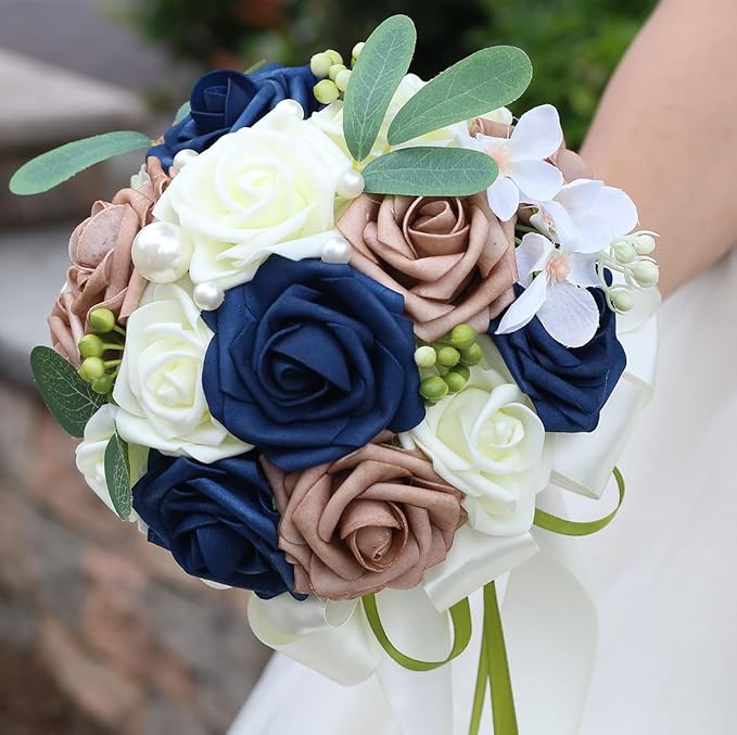 Lightweight Bridal Wedding Bouquet Round Holding Bouquet Throw Toss Artificial Rose Flower Bunch for Bride Bridesmaid Wedding Quinceanera (Cream, Navy & Rosy Brown, 6.7")