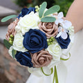 Lightweight Bridal Wedding Bouquet Round Holding Bouquet Throw Toss Artificial Rose Flower Bunch for Bride Bridesmaid Wedding Quinceanera (Cream, Navy & Rosy Brown, 7.9")