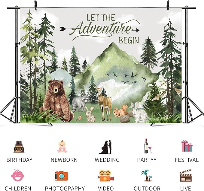 10x6.5ft Baby Shower Backdrop Mountain Forest Wild Animal Photography Background Cartoon Bear Woodland Green Trees White Cloud Birthday Party Banner Decorations Gender Reveal Photo Booth Prop