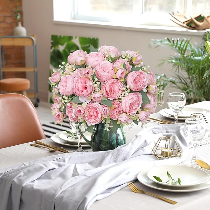 SOMYTING Artificial Peony Flower, Silk Peonies Bouquet Fake Flowers Faux Floral Arrangements Dining Table Centerpieces for Home Kitchen Bridal Wedding Party Decor (Light Pink, 2PCS)