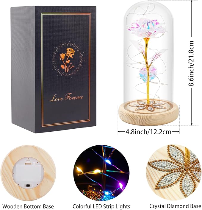 Mothers Day Flowers Gifts for Mom, Birthday Gifts for Women, Galaxy Glass Rose Gifts for Grandma Wife Daughter Artificial Forever Preserved Flowers for Delivery Prime Rose in Glass Dome, Colorful