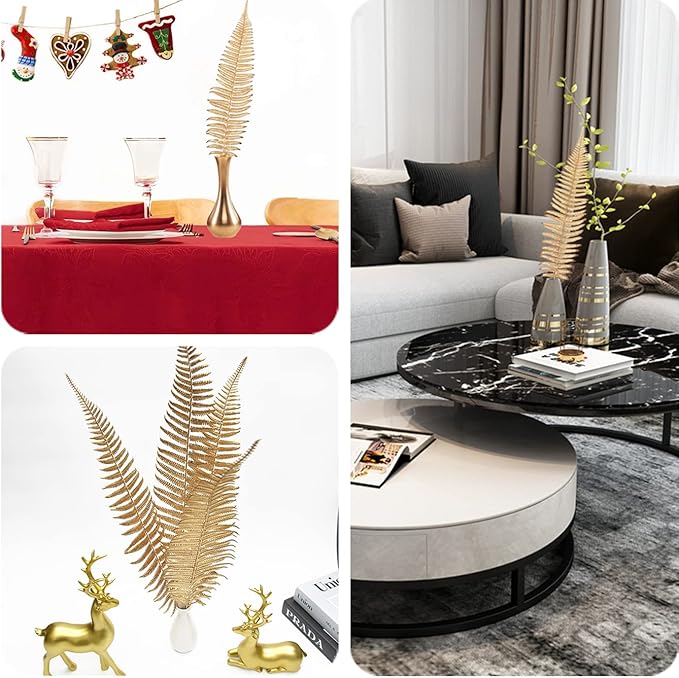 CATTREE Artificial Gold Fern Plants Large Leaves Tall 23" - 5 Pack, Fake Boston Ferns Golden Plant Decoration Plastic Faux Foliage Shrubs Simulated Leaf for Party Wedding Table Centerpiece DIY Décor