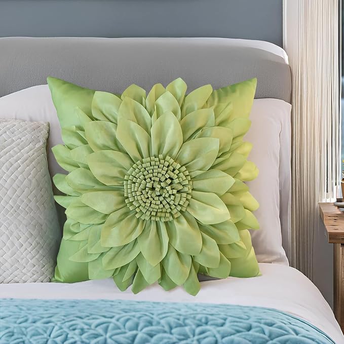 Bella's Giftshop 3D Sunflower Decorative Throw Pillow Covers for Bed Sofa Couch Car, Accent Floral Taffeta Cushion Cover, Handmade Pillow Cases Living Room Decor, 17x17 Inch-Green/Sage