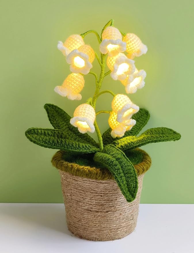 Lily of The Valley Lamp, Crochet Artificial Flower with 10 Little Night Lights, Cute Gifts for Women Wife Girlfriend Birthday Christmas Valentine Mother's Day -Large