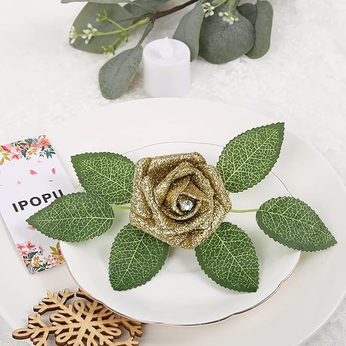 IPOPU Gold Roses,25PCS Glitter Roses Bouquet Gold Artificial Roses with Crystal for Christmas Wedding Bouquet Home Party Decoration(Gold)
