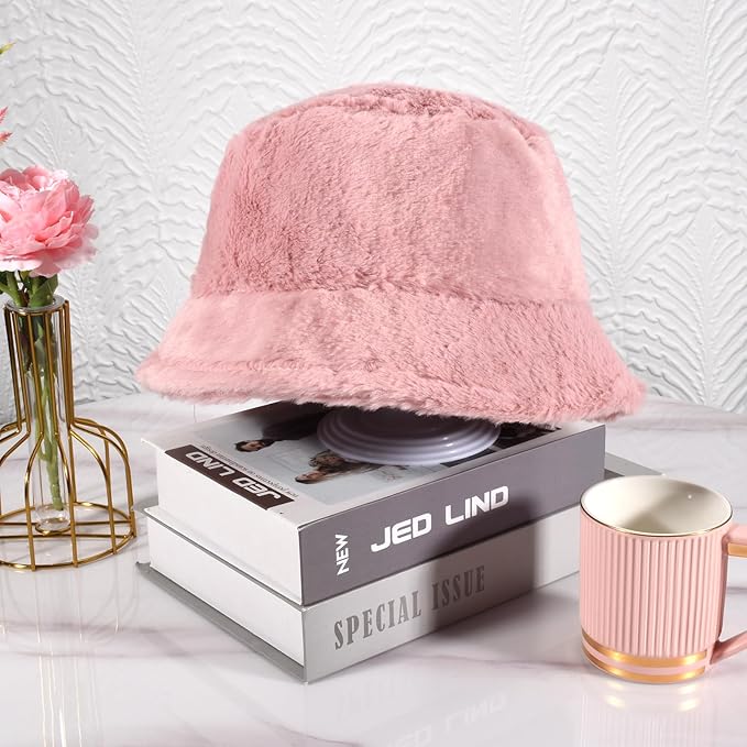 Winter Soft Faux Fur Plush Bucket Hat, Lovely Fisherman Cap, Fashion Outdoor Thick Warm Sun Cap for Women
